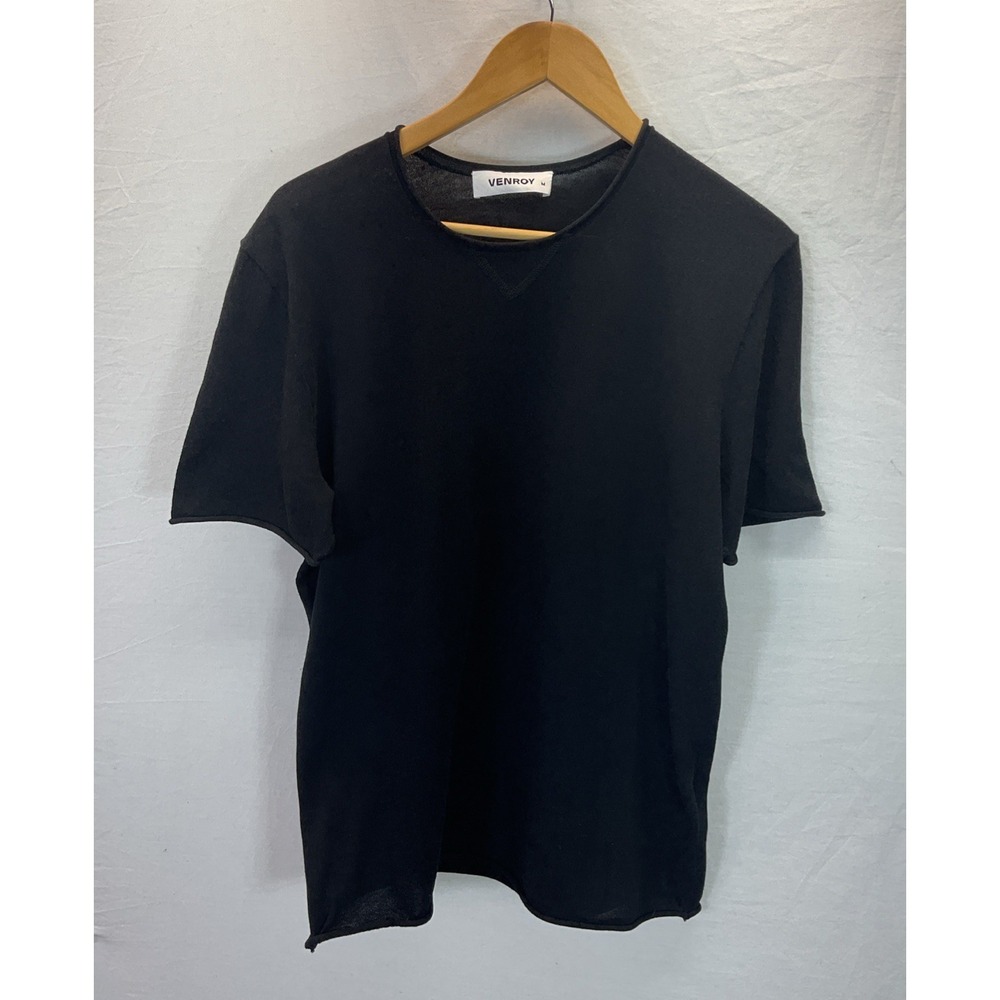 Venroy Shirt Mens M Black Knit Cotton Roll Neck Lightweight Tee Summer